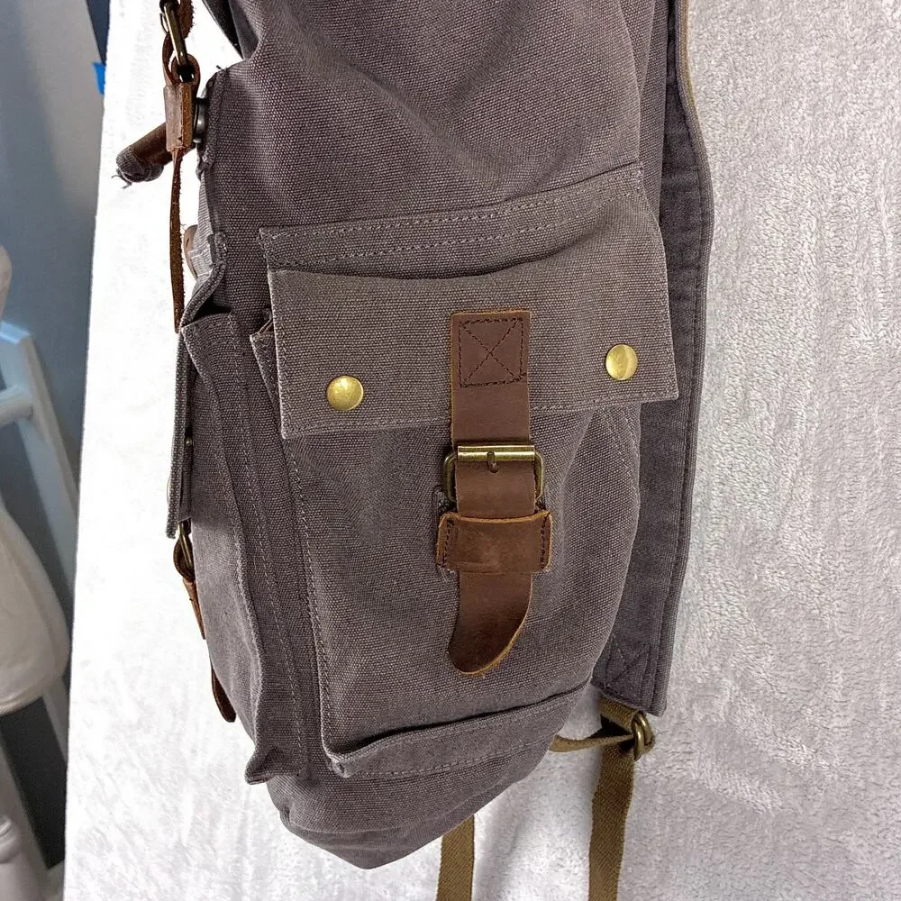 Kattee Backpack Gray Canvas Leather Rucksack Utility Outdoors Hiking Y2K